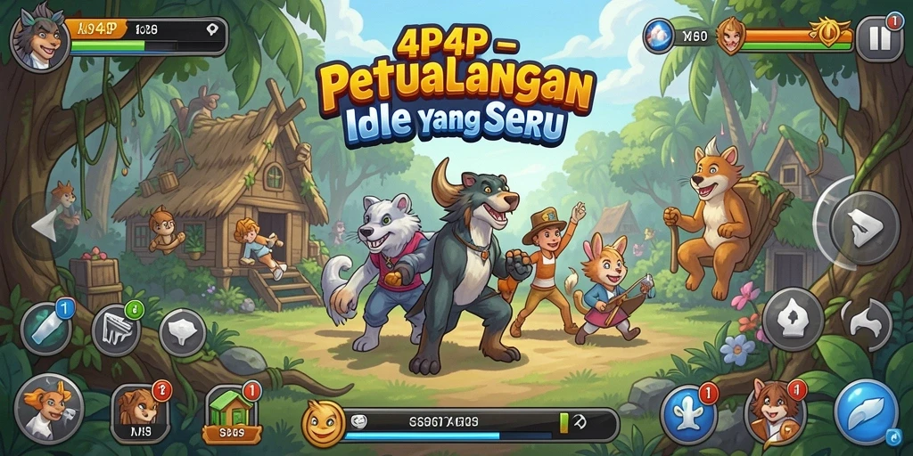 Screenshot gameplay 4P4P menunjukkan karakter yang berkembang dalam atmosfer petualangan yang menyenangkan.