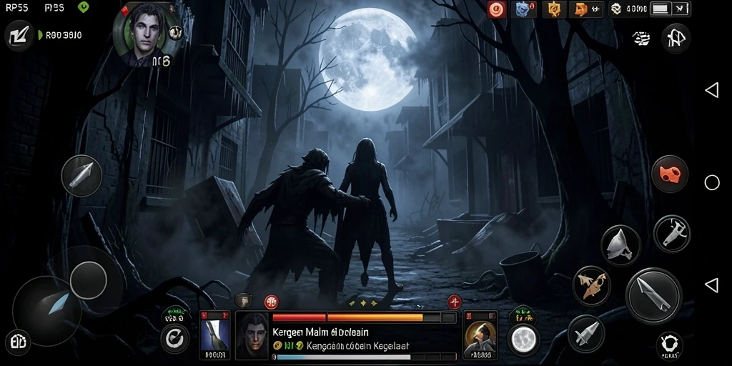 Screenshot menampilkan gameplay menyeramkan dalam kegelapan misterius.